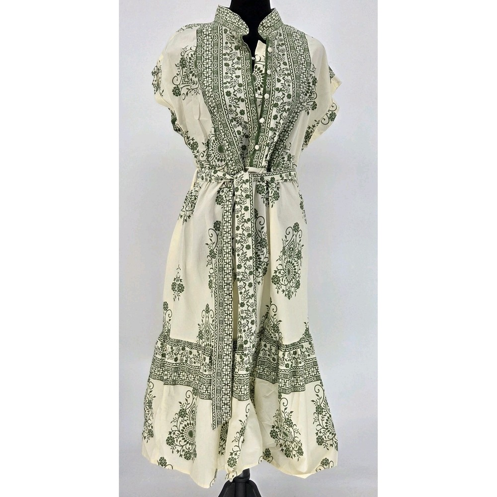 Kaktus Boho Midi Dress Large Tropical Floral Belted Cottagecore